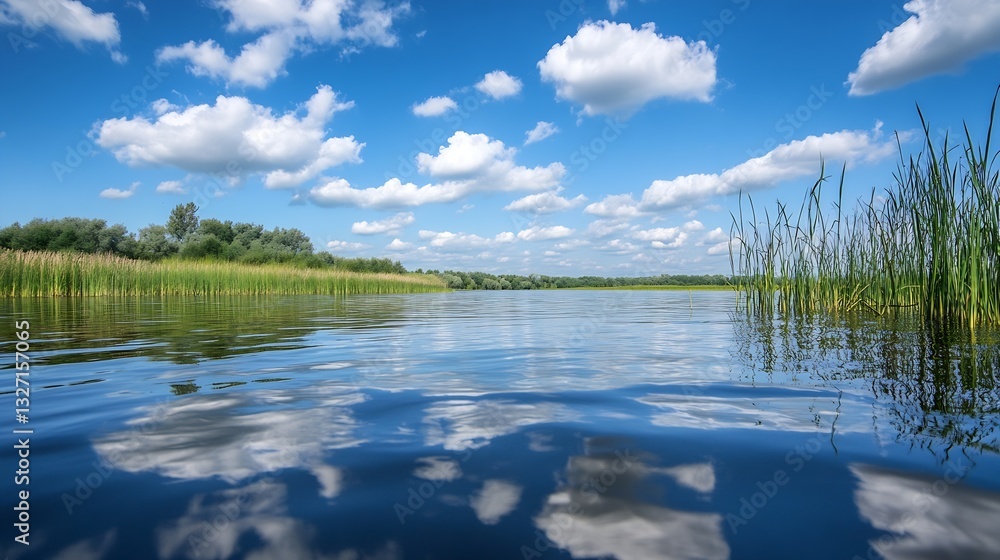 Stunning reflection of fluffy clouds on calm water surface in a natural setting : Generative AI Stunning reflection of fluffy clouds on calm water surface in a natural setting : Generative AI