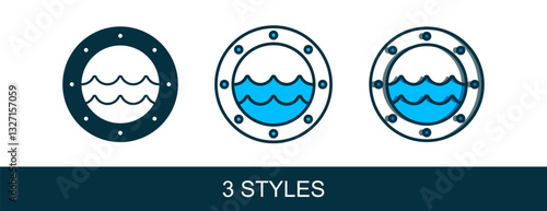 Filled outline Ship porthole with rivets and seascape outside icon isolated on white background. Vector