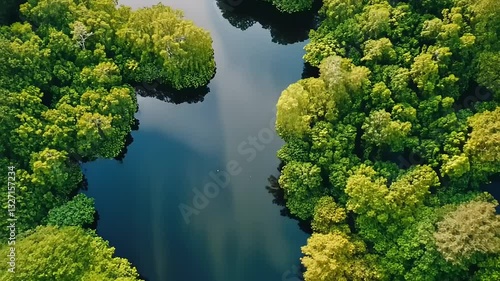 Aerial View of Lush Green Mangrove Forest and River