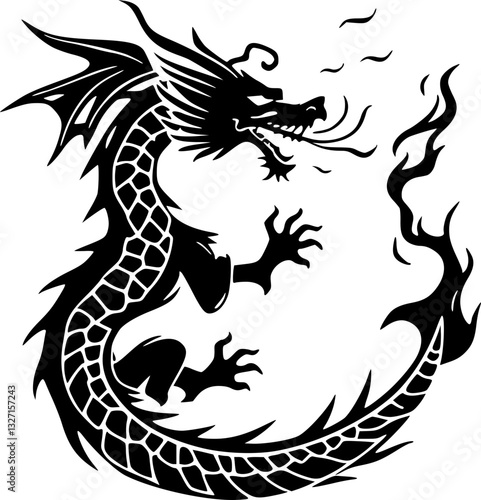 Dragon breathing fire monochrome black and white fantasy illustration art design print digital graphic poster card book cover tattoo emblem symbol logo icon decoration wallpaper merchandise