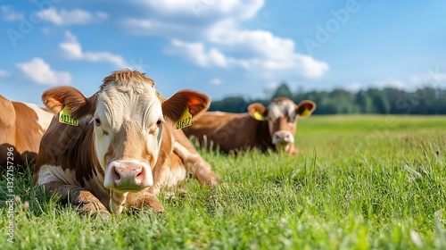 Two cows resting peacefully in a lush green field under a blue sky : Generative AI photo