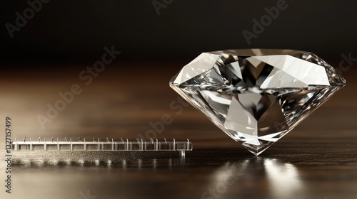 A brilliant diamond placed next to a clarity grading scale, expert evaluation concept photo