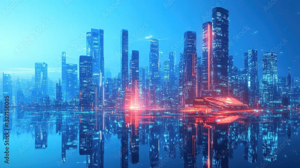 Obraz premium Illuminated cityscape with high rise buildings and water reflections