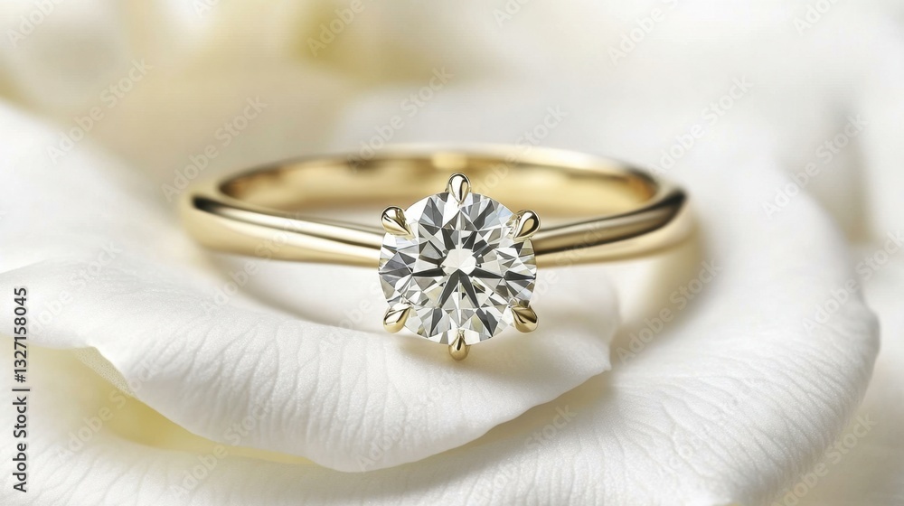 A classic diamond solitaire ring displayed on a rose petal for a romantic aesthetic A classic diamond solitaire ring displayed on a rose petal for a romantic aesthetic