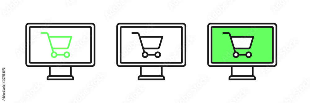 Set line Shopping cart on monitor icon isolated on white background. Concept e-commerce, e-business, online business marketing. Vector Set line Shopping cart on monitor icon isolated on white background. Concept e-commerce, e-business, online business marketing. Vector
