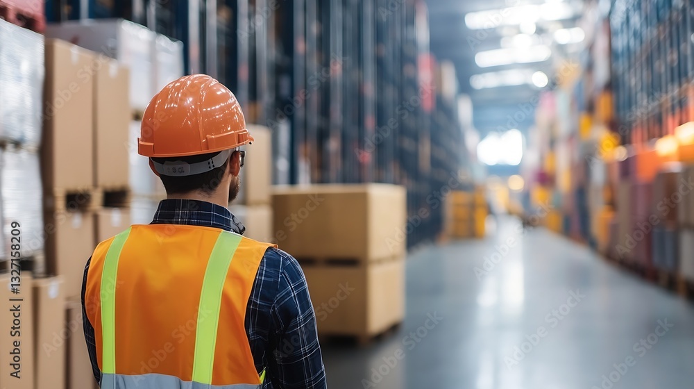 Worker in Safety Gear Observing Inventory in Warehouse with Shelving and Boxes : Generative AI Worker in Safety Gear Observing Inventory in Warehouse with Shelving and Boxes : Generative AI