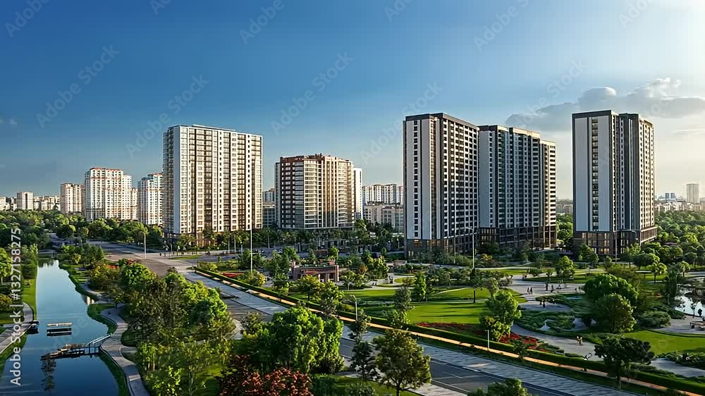 Aerial View of Modern Cityscape with Green Park and Blue Sky Aerial View of Modern Cityscape with Green Park and Blue Sky