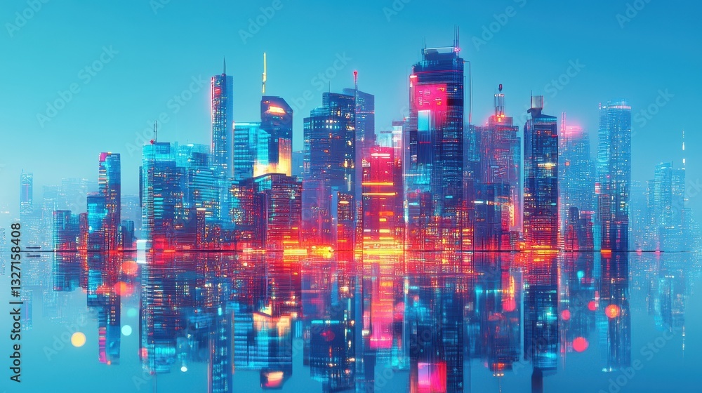 Fototapeta premium A futuristic cityscape with colorful lights reflected in water