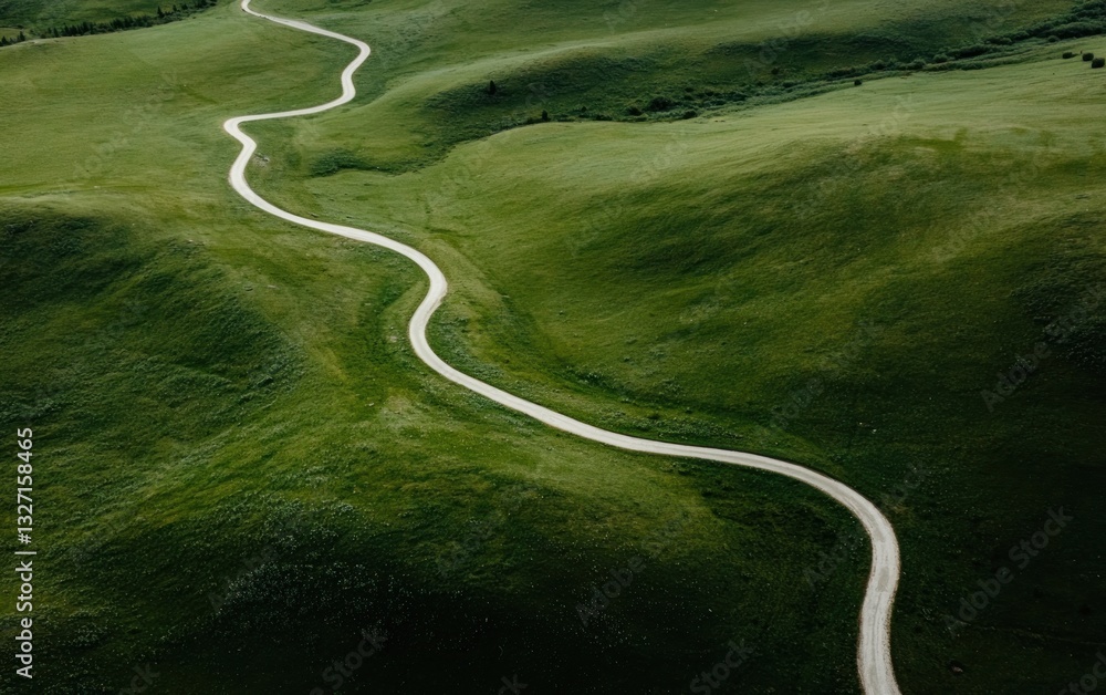 Fototapeta premium Aerial view of a winding dirt road traversing lush green hills. The road curves gently through the landscape, creating a visual sense of journey and exploration