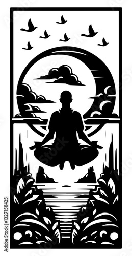 Peaceful yoga on the beach silhouette vector design