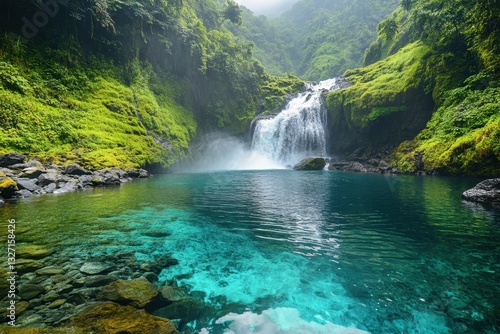 Tranquil Waterfall Cascading into a Crystal Clear Pool Surrounded by Lush Greenery in a Tropical Paradise Serene Nature Scene