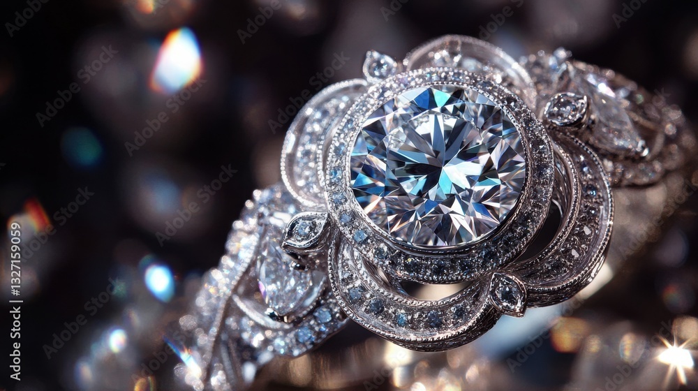 Fototapeta premium A close-up of a diamond engagement ring with intricate detailing, luxury concept