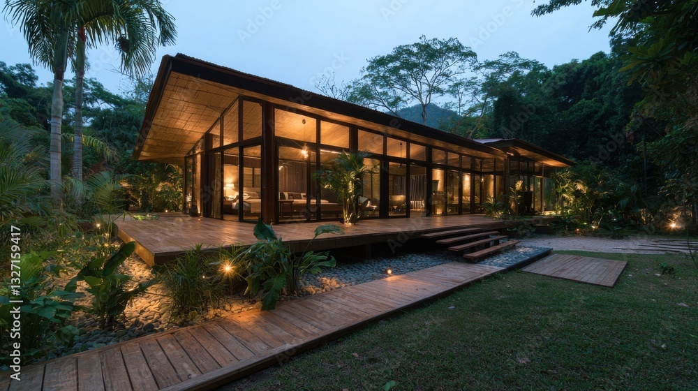 A modern house illuminated at dusk, surrounded by lush greenery and wooden decking, featuring large glass windows that blend indoor and outdoor spaces. A modern house illuminated at dusk, surrounded by lush greenery and wooden decking, featuring large glass windows that blend indoor and outdoor spaces.