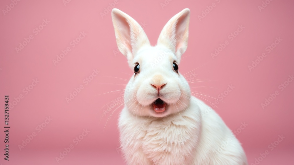 Obraz premium Portrait of a white cute rabbit with surprised expression on a pink background, surprised looking rabbit