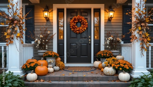 Fototapeta Naklejka Na Ścianę i Meble -  Welcoming Front Porch Decorated with Pumpkins, Fall Leaves, and Festive Wreath, Evoking the Warmth of Autumn, Seasonal Home Decor, and the Cozy Atmosphere of Holiday Gatherings and Family Time								