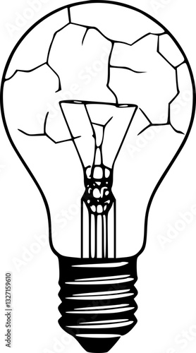 Monochrome Cracked Light Bulb Illustration Black and White Design Artwork