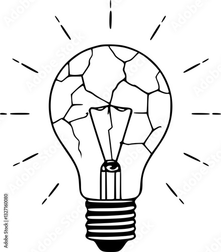 Monochrome Cracked Light Bulb Minimalist Vector Art Design Idea Concept Symbol Creative Thinking Problem Solution Failure Breakage Detailed Stylish Decorative Commercial Print Digital Stock Illustrati