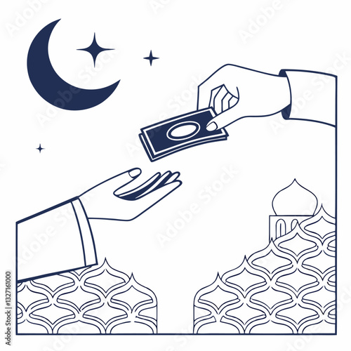 A vectoral representation of  Muslim's hand giving charity to needy people, with Islamic mosque symbols & crescent & stars symbols in the background