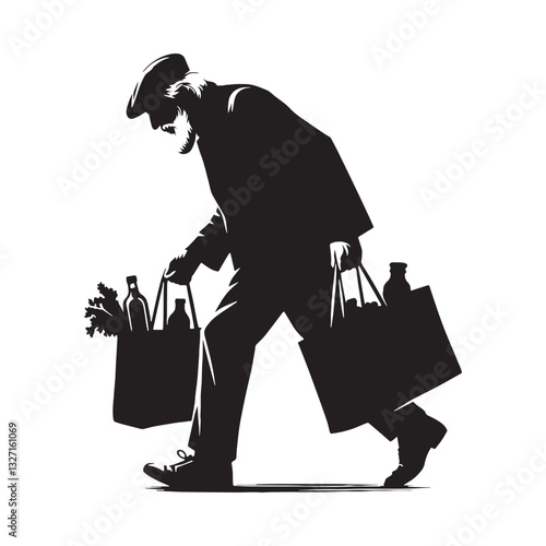 Enduring Oldman Carrying Groceries silhouette, walking with purpose - Oldman illustration - Minimalist Oldman vector - Oldman silhouette
