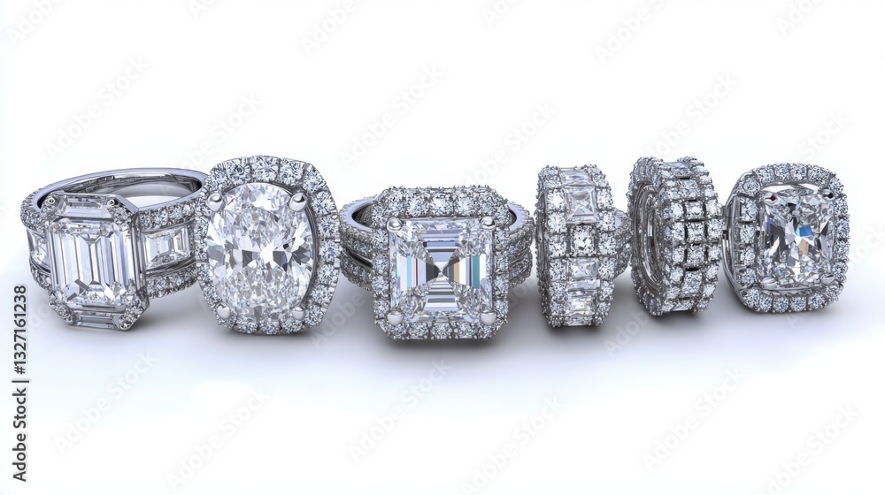 A collection of diamond rings arranged in a row, showcasing different cuts and settings A collection of diamond rings arranged in a row, showcasing different cuts and settings