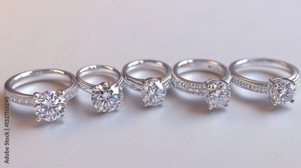 A collection of diamond rings arranged in a row, showcasing different cuts and settings A collection of diamond rings arranged in a row, showcasing different cuts and settings