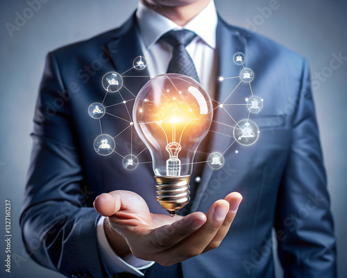 A businessman is holding a glowing light bulb surrounded by connected digital icons, symbolizing innovation, creativity, and modern technological advancements.