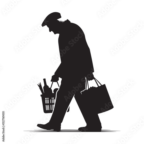 Seasoned Oldman Carrying Groceries silhouette, walking with wisdom - Oldman illustration - Minimalist Oldman vector - Oldman silhouette

