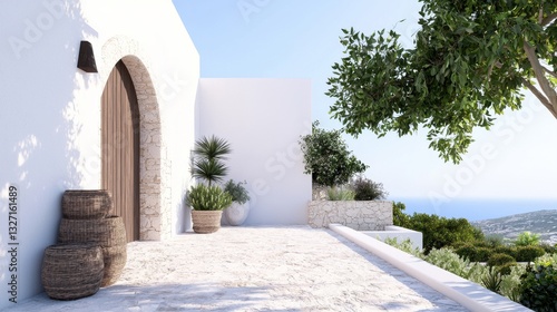 A serene outdoor space featuring white walls, a wooden door, potted plants, and a stunning view of the ocean, perfect for relaxation.