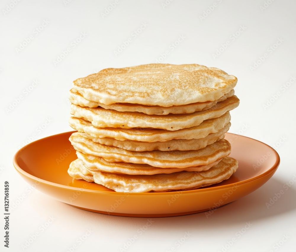 Stack of Golden Brown Pancakes on Orange Plate Stack of Golden Brown Pancakes on Orange Plate