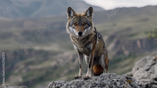 Coyotes standing proud on rocky terrain wild nature scene outdoor landscape focused perspective