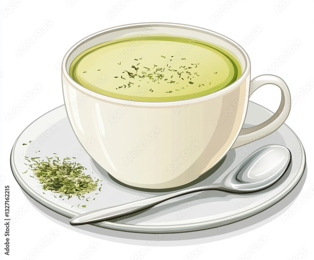 Steaming Matcha Tea in White Cup and Saucer Steaming Matcha Tea in White Cup and Saucer