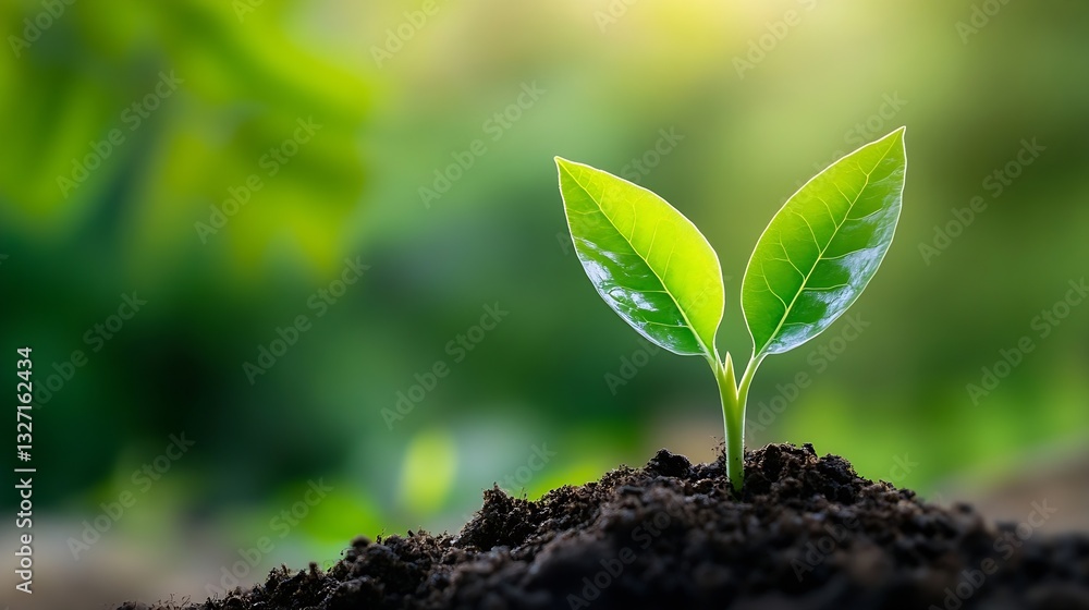 Vibrant Green Seedling Growing in Dark Soil with Soft Background Light : Generative AI Vibrant Green Seedling Growing in Dark Soil with Soft Background Light : Generative AI