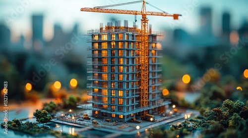 Miniature Cityscape Model Under Construction Crane Lifting Building Blocks Modern Architecture Diaroma Night Lights