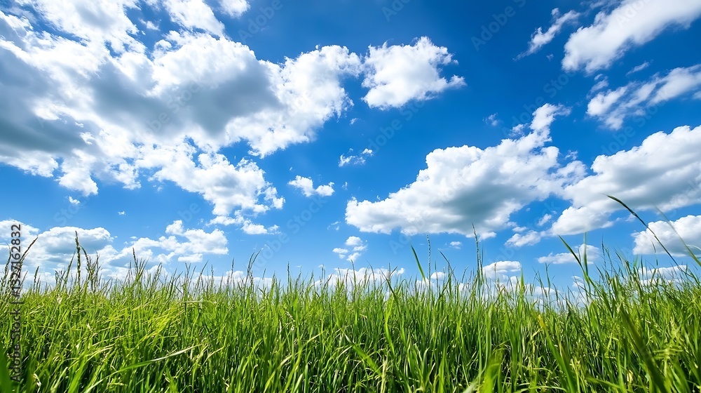Vibrant green grass stretches under a bright blue sky adorned with fluffy clouds signaling nature's beauty : Generative AI