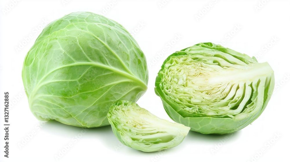 Obraz premium A fresh green cabbage with leaves spread open, showing the layers inside.