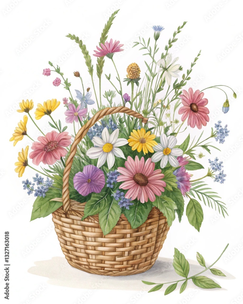 Naklejka premium Vibrant Spring Wildflowers in a Woven Basket Watercolor Painting of Daisies Gerbera and other