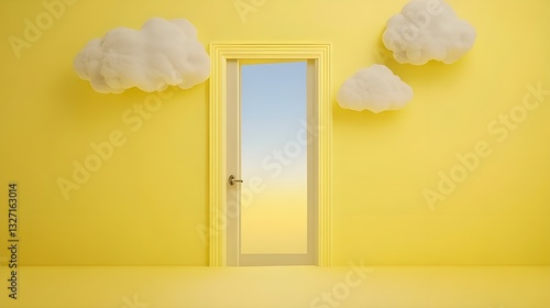 Bright yellow wall with an open door.