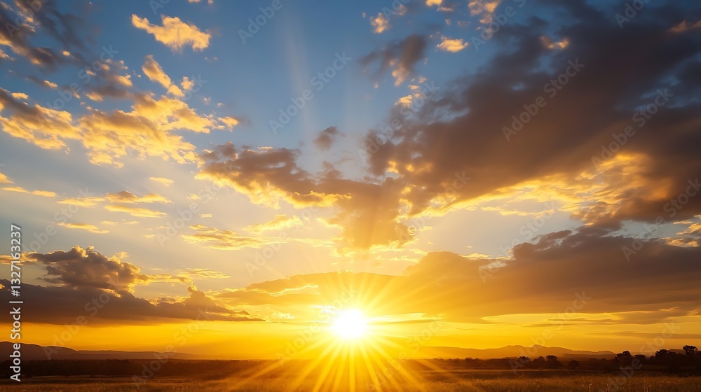 Fototapeta premium Vibrant sun rays breaking through clouds during a breathtaking sunset over the horizon : Generative AI