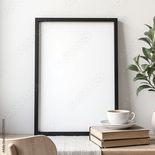 A minimalistic workspace showcases a blank frame standing against a light wall, accompanied by stacked books and a delicate coffee cup, creating a serene atmosphere ideal for creativity