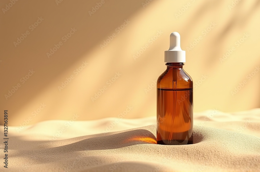 Naklejka premium Nestled in soft, golden sand, a brown glass bottle filled with a clear liquid reflects natural light, creating an inviting atmosphere of tranquility and simplicity