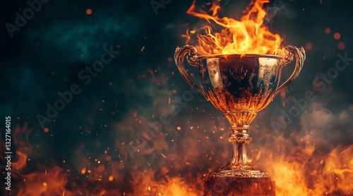 A vintage golden trophy with a burning fire on a dark background, detailed illustration,