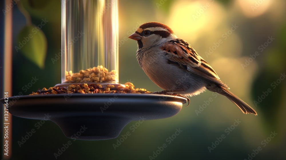 Naklejka premium Sparrow feeding at garden feeder at sunrise