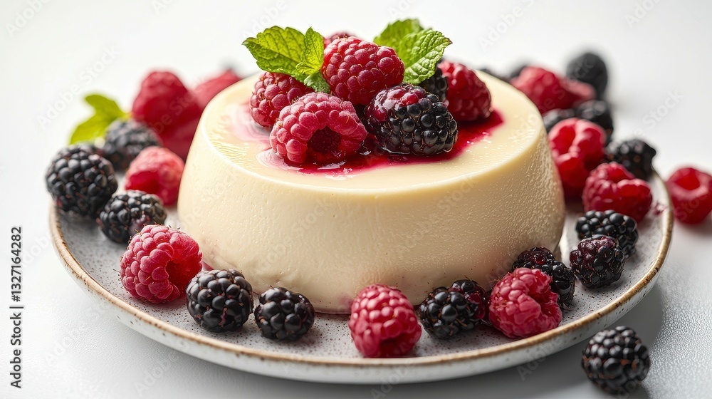 Minimalist dessert presentation of panna cotta with fresh berries and cream on a simple white plate Minimalist dessert presentation of panna cotta with fresh berries and cream on a simple white plate
