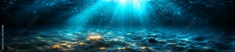 Fototapeta premium Mystical Underwater World with Bioluminescent Particles Illuminating the Ocean Floor. Generative AI