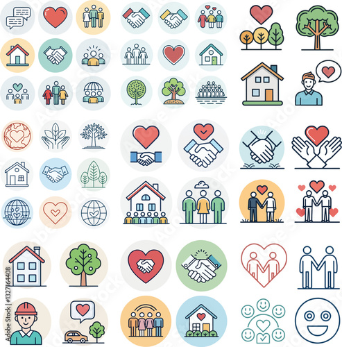Set of Community-Themed Icons with Editable Stroke in Vector Format