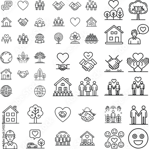 Set of Community-Themed Icons with Editable Stroke in Vector Format