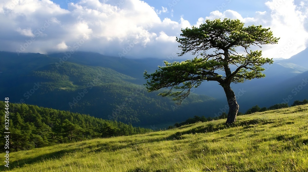 Fototapeta premium Majestic Lone Tree Standing Proudly on a Rolling Hill with Vibrant Greenery and Blue Skies : Generative AI