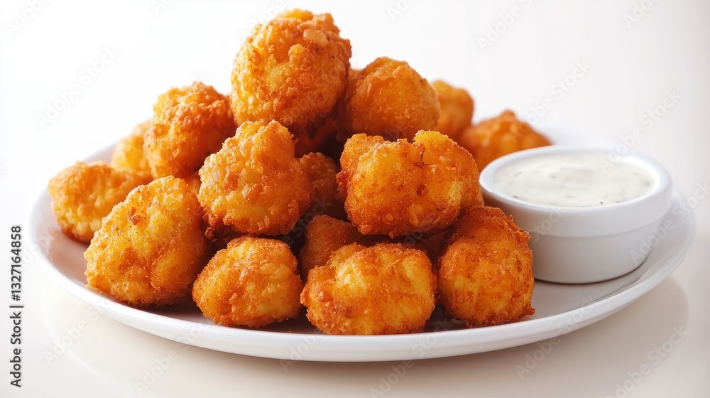 A plate of golden-fried cauliflower bites, arranged in a neat stack with sauce on the side. A plate of golden-fried cauliflower bites, arranged in a neat stack with sauce on the side.