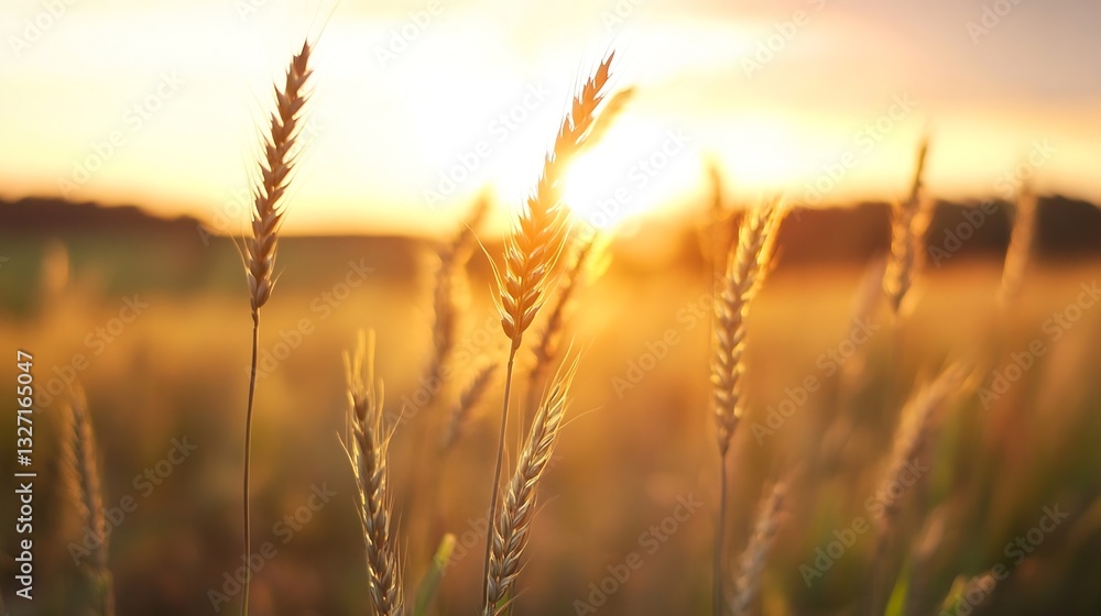 Golden wheat fields glowing in the warm light of a sunset against a clear sky : Generative AI Golden wheat fields glowing in the warm light of a sunset against a clear sky : Generative AI