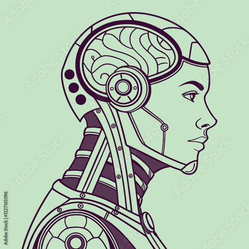 Futuristic Robot AI Head – High-Tech Cybernetic Android with Digital Brain and Glowing Neural Network